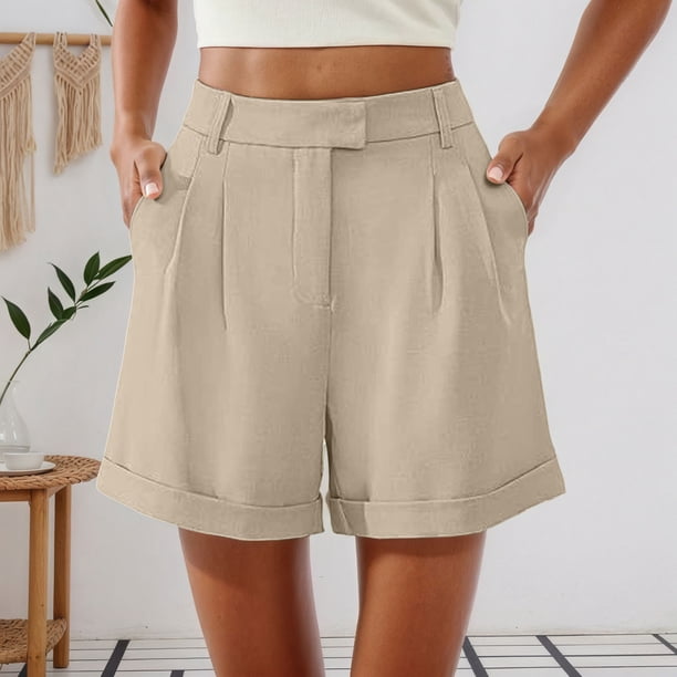 MKLEKYY Pantalones Cortos de Vestir de Cintura Alta para Mujer con Pliegues, Bolsillos Laterales y Espalda Elástica, Cómodos, Transpirables, Informales, para Viajar, Verano, Primavera y Otoño.