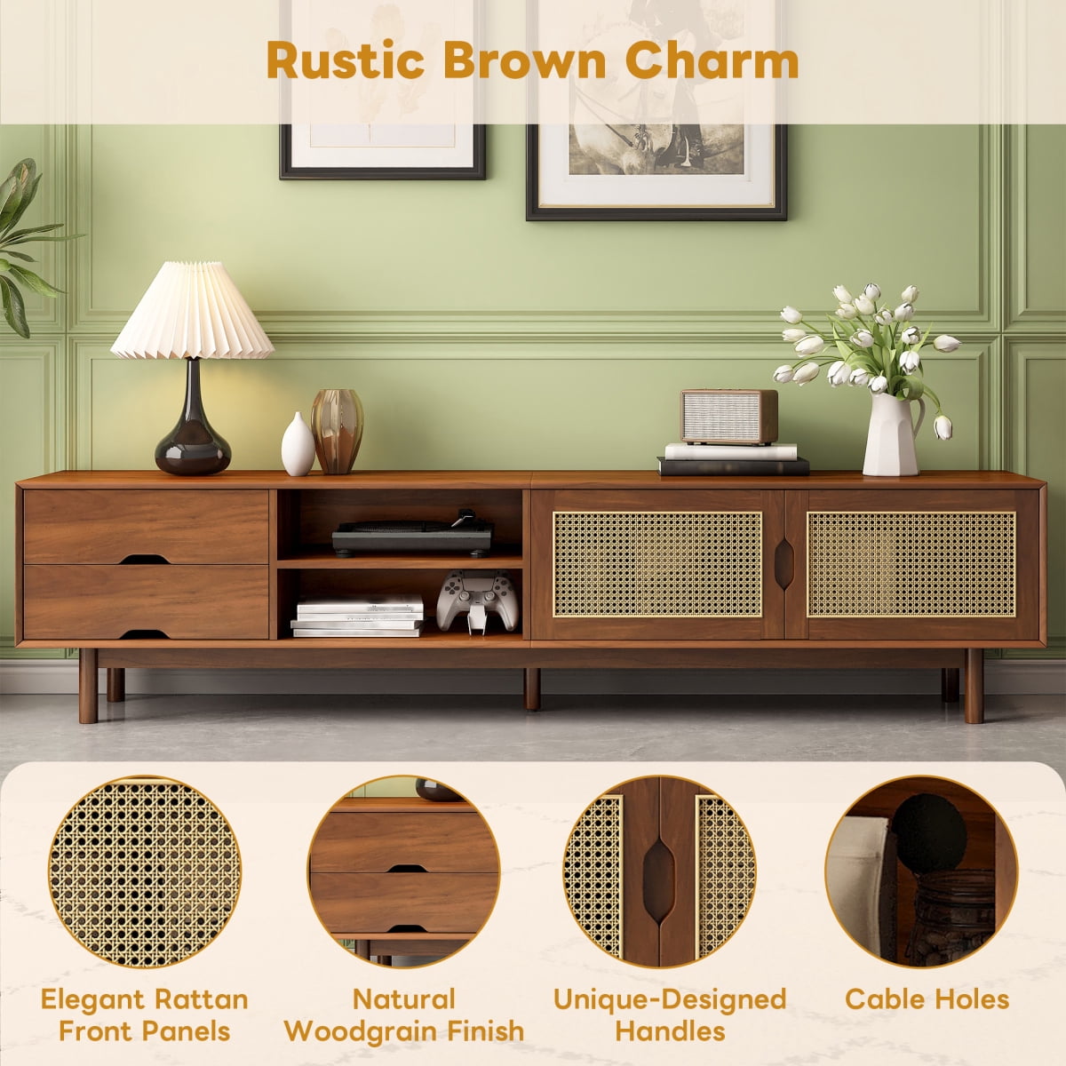 Walnut 78 Inch TV Stand for TVs up to 85 Inch Rattan Front Panels 2 Drawers Solid Wood Legs Media Console