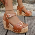 thumbnail image 4 of Rokment Chunky Heeled Platform Sandals for Women Ladies 2026 Trendy Casual Leather Studded Buckles Open Toe Ankle Strap Extra Wedge High Heels Dress Summer Shoes Brown Size 8.5, 4 of 7