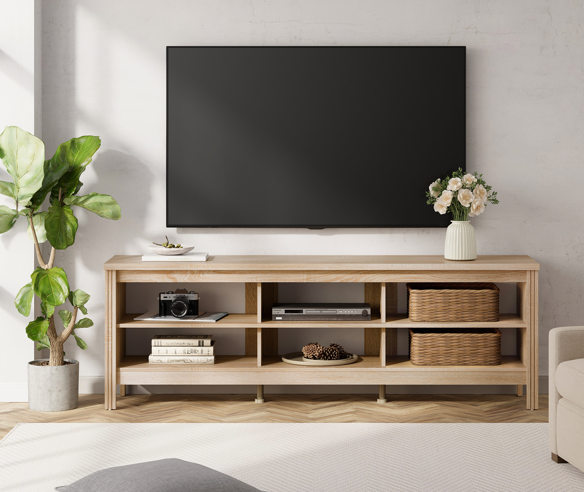 WAMPAT Farmhouse TV Stand for 75 inch TVs, Classic Wood Entertainment Cente Media Console Table for Living Room, 70 inch, Oak