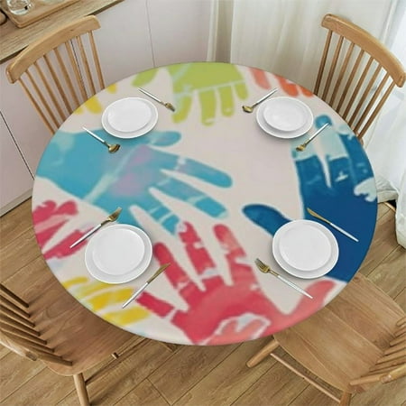 

Qlo0ole Kids Hand Print Print Polyester Round Washable Wipeable Reusable Elastic Tablecloth 54-58