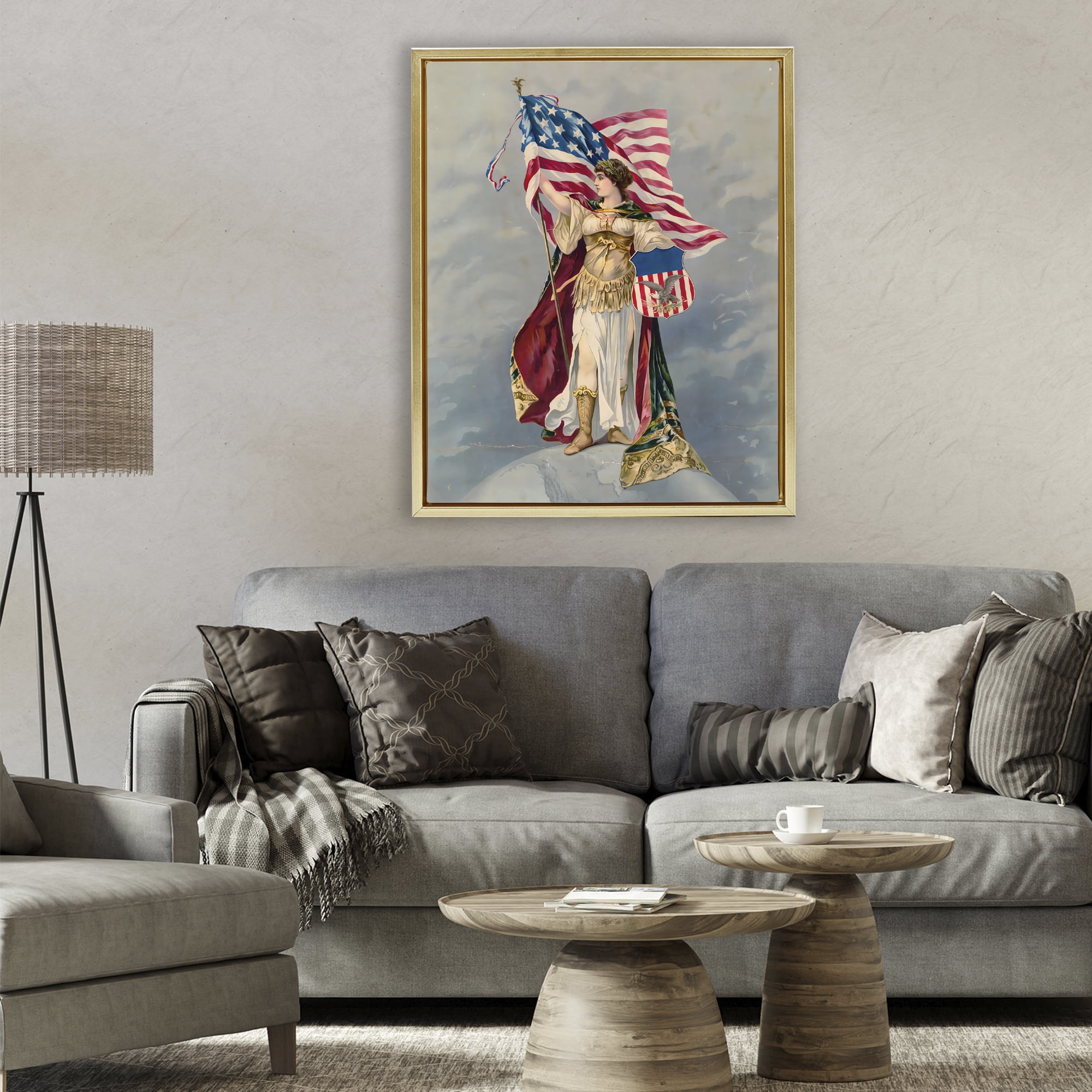Stupell Industries Columbia Standing with American Flag Gold Framed Floater Canvas Wall Art, design by Arlington Prints