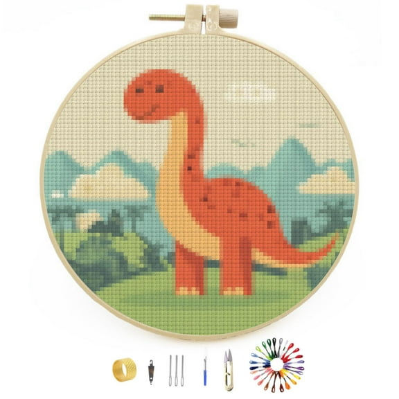 Dinosaur Mountain Tree Stamped Cross Stitch Kits for Beginners with Hoop Simple Patterns 11CT Counted Embroidery Needlepoint Crafts Arts for DIY Enthusiasts and Home Decor 26x26cm(3)