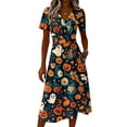 thumbnail image 4 of Womens Halloween Dress Pumpkin V Neck Ghost Funny Wedding Guest Dress Bat Short Sleeve Vintage Wrap Dresses 3XL, 4 of 5