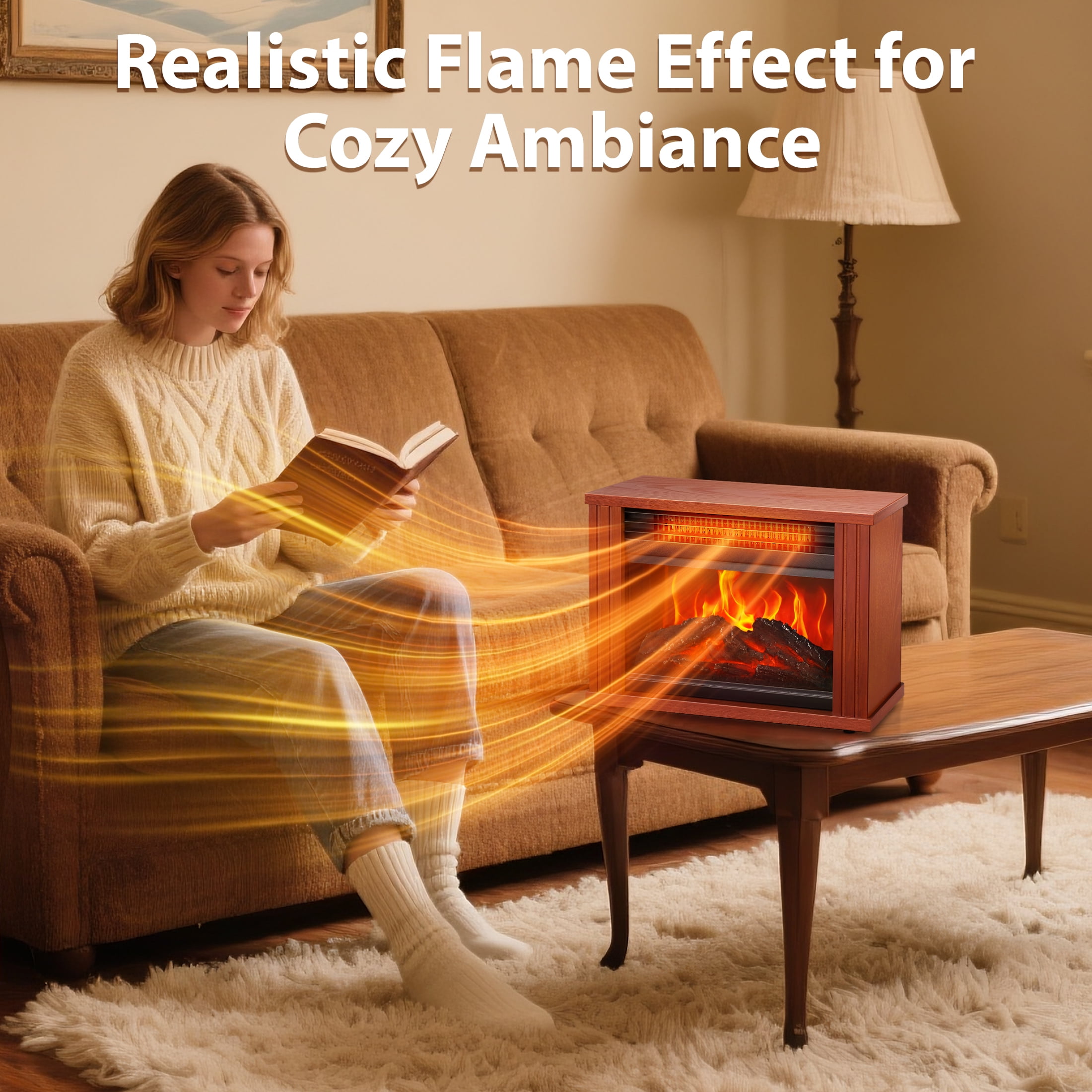 LifePlus Small Electric Fireplace Heater Tabletop 13.5" Energy Efficient Indoor Fireplace Space Heater Portable Wood Cabinet 3D Flame for Home Decor