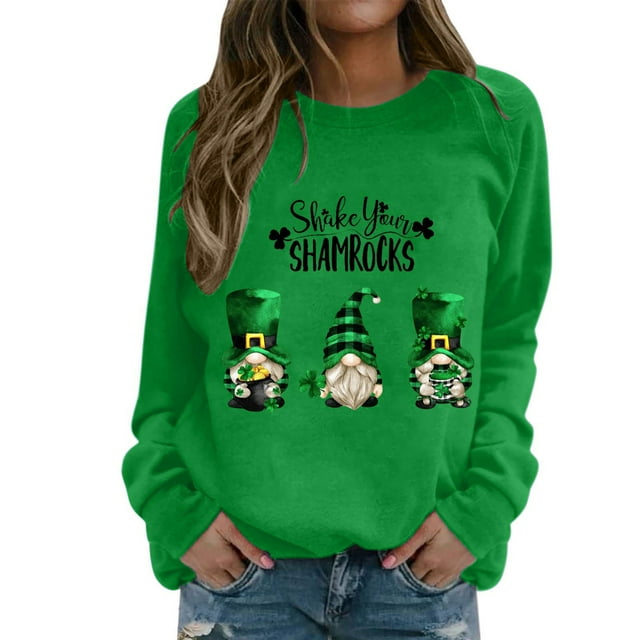 Bmisegm Mode Décontractée pour Femmes Col Rond avec Manches Imprimé Partiel de Quatre Feuilles Sweat à Capuche Décontracté pour Femmes Vert S