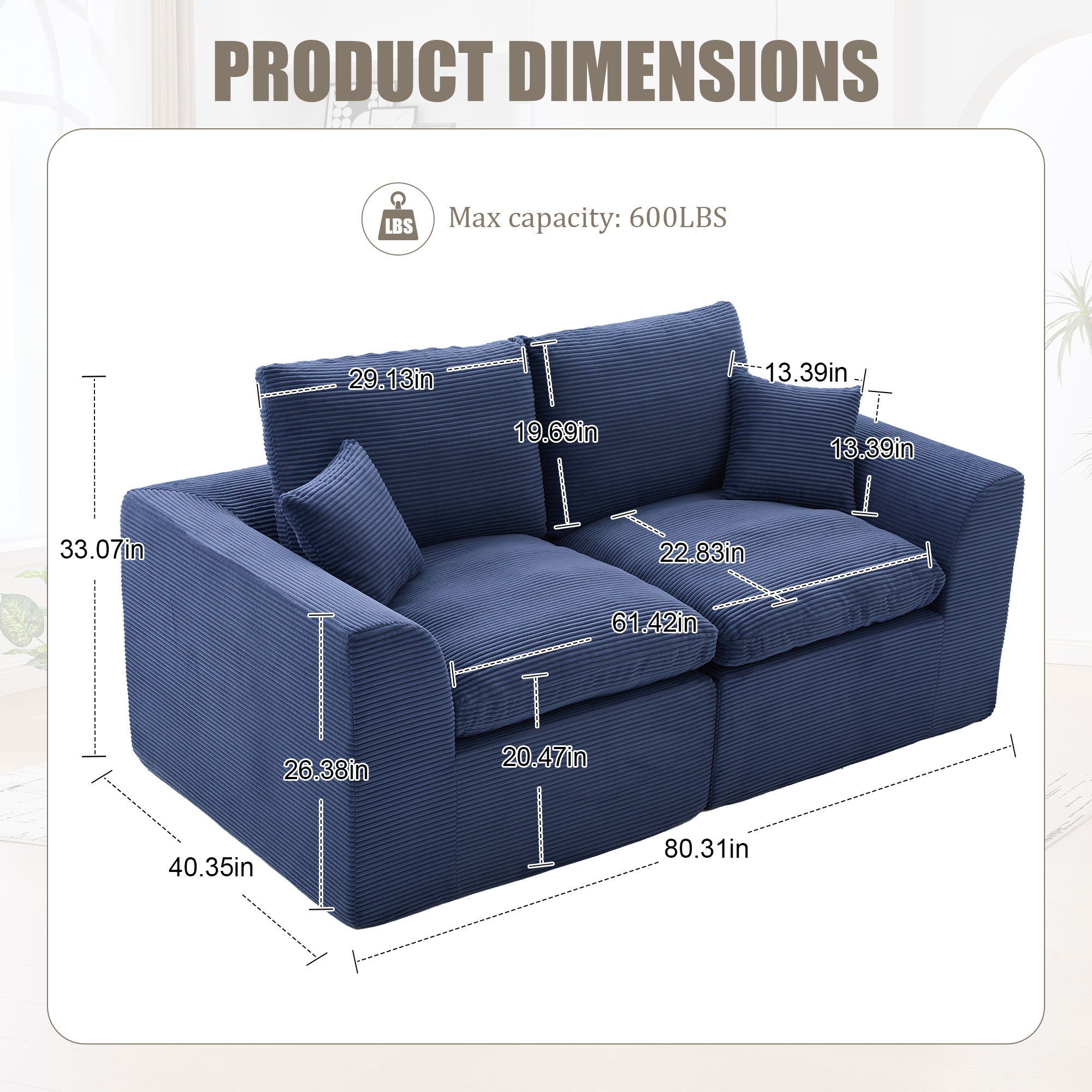 MOONMISS 80.3" Oversized Modular Sofa, Upholstered Corduroy 2 Seat Deep Seat Cloud Couch for Living Room Bedroom, No Assembly Required,Blue