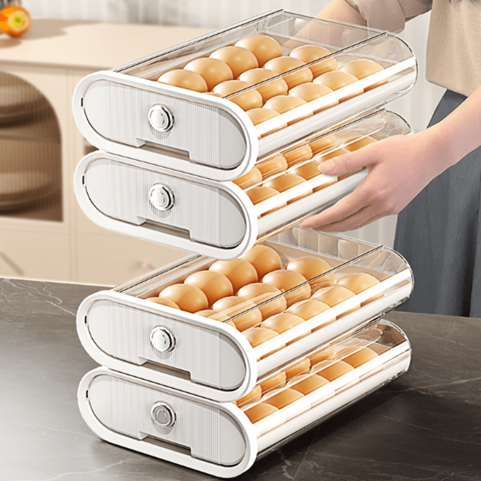 Bxaolu Egg Storage for Refrigerator, Egg Holder for Kitchen Countertop, Plastic Egg Container for Fridge, Egg Dispenser for 18 Eggs (2Pack, Beige)