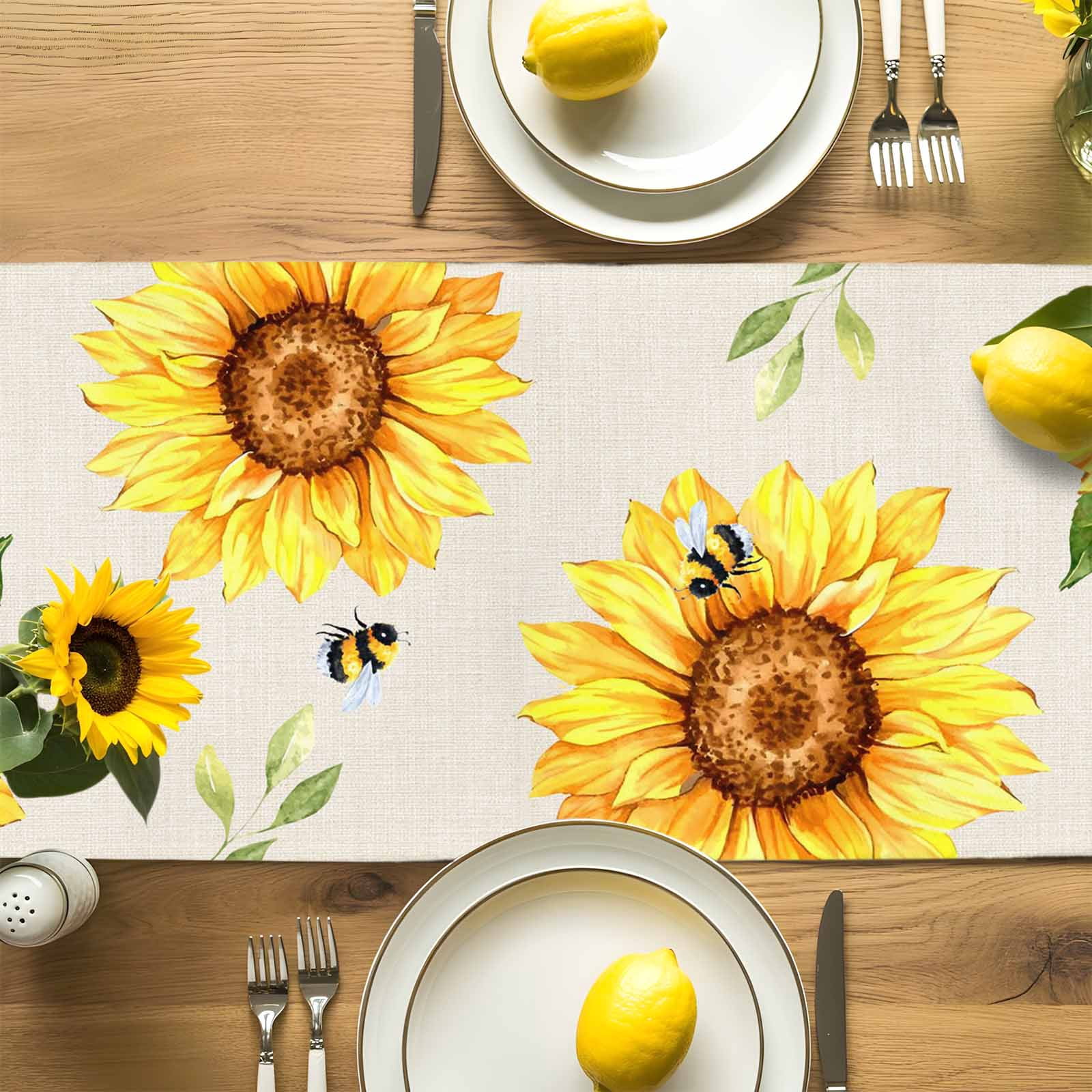 Sunflower Bee Leaves on Linen Table Runner 90 Inches Long, Summer Sunshine Quote Table Runners Tabletop Scarf Kitchen Dining Tables Decoration for Home Party Indoor Outdoor