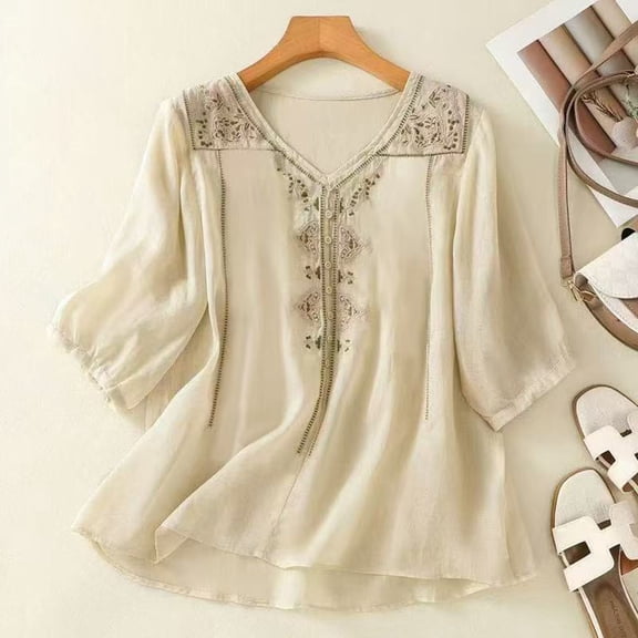 Floral Embroidered Cotton Linen Shirts for Women Summer 3/4 Sleeve Gauze Boho Tops Ladies Dressy Casual Loose Blouses Beige 3XL