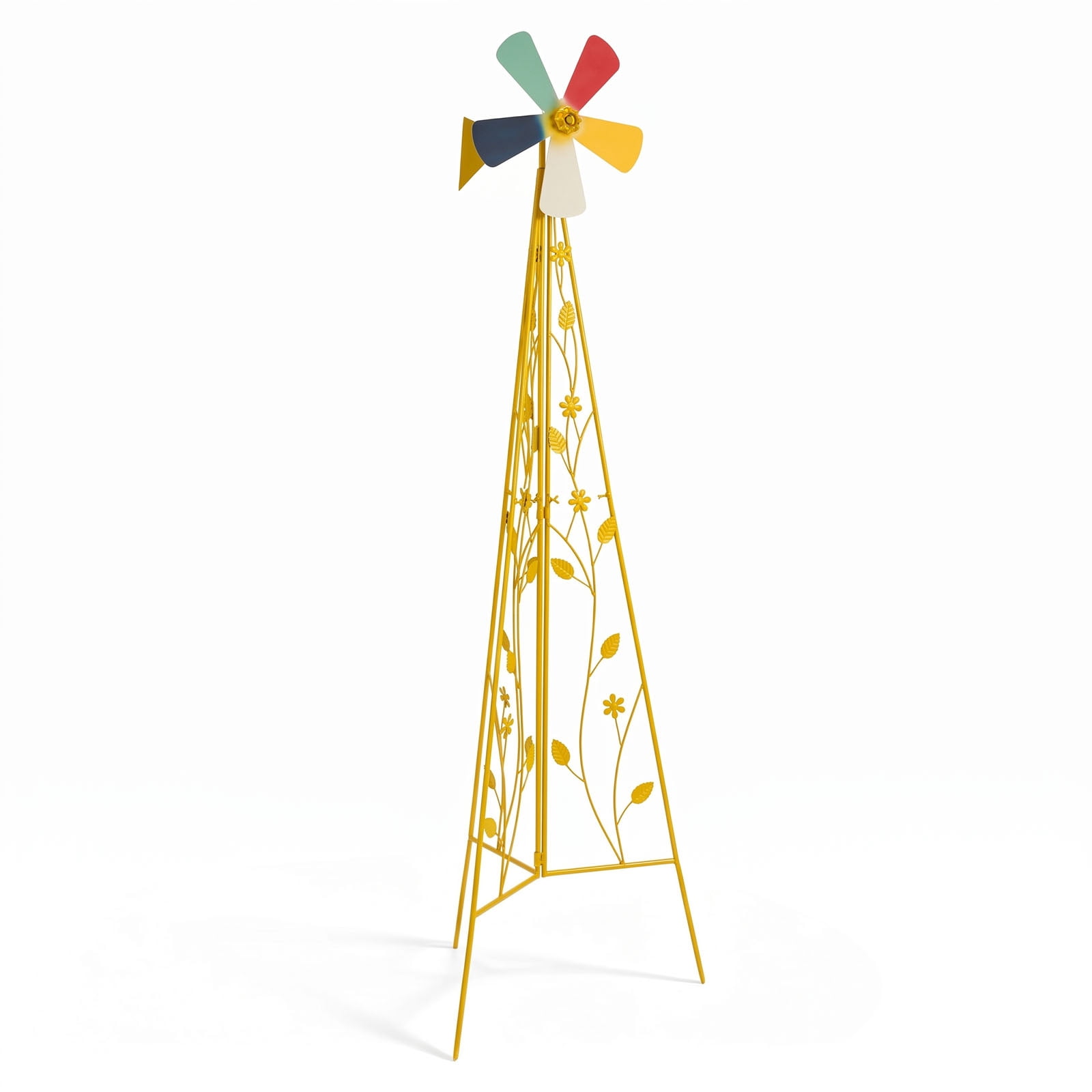 6.2FT Bright Yellow Decorative Iron Windmill with 5 Rotatable Blades, Tripod Base Weather Resistant Garden Wind Spinner for Yard Patio Lawn Outdoor Landscape