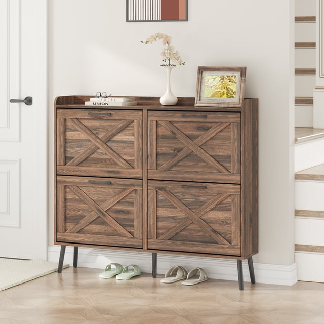VEANERWOOD Rattan Shoe Storage Cabinet with 4 Flip Drawers 40 Pairs, Narrow Shoe Cabinet with Wooden Legs for Entryway, Living Room