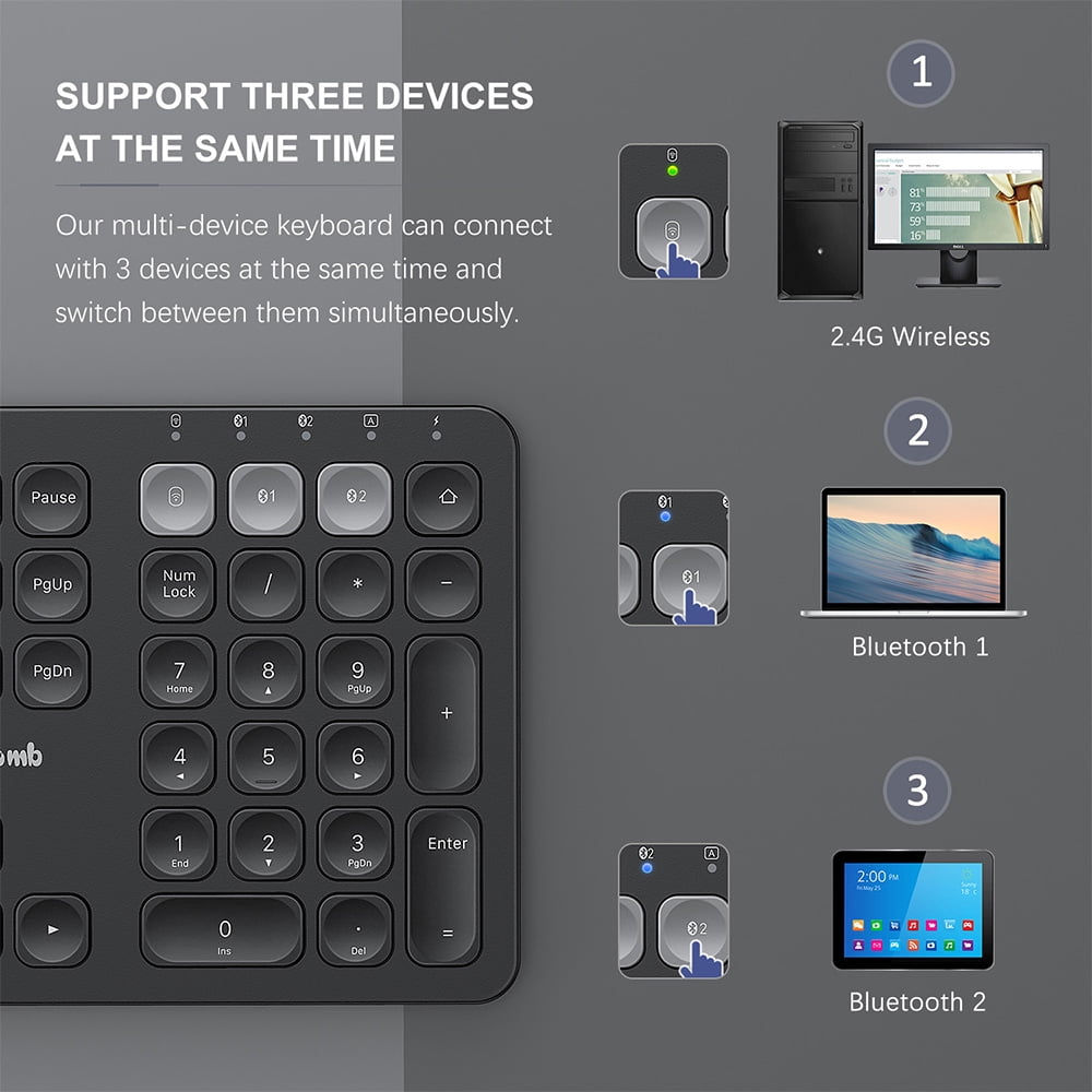 Buy Jelly Comb Wireless Keyboard, Rechargeable Full Size Multidevice 2.4G & Bluetooth Wireless