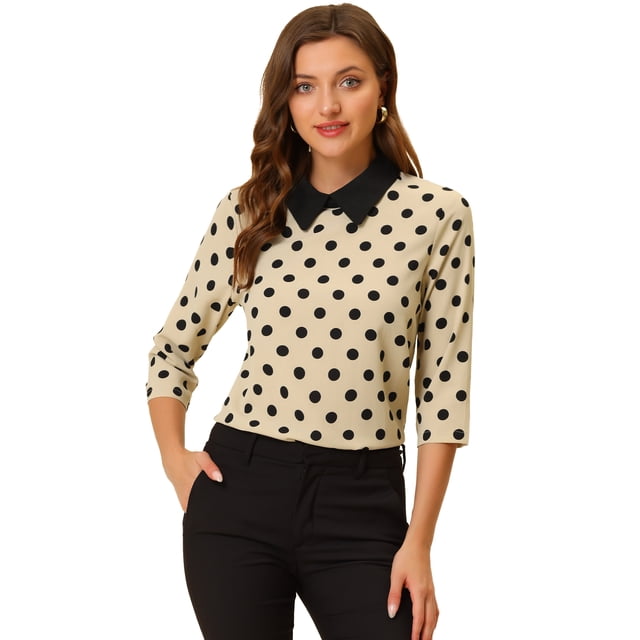 Disfraz de Navidad Allegra K para Mujer Polka Dots Contraste Peter Pan Collar Top 3/4 Mangas Albaricoque XL