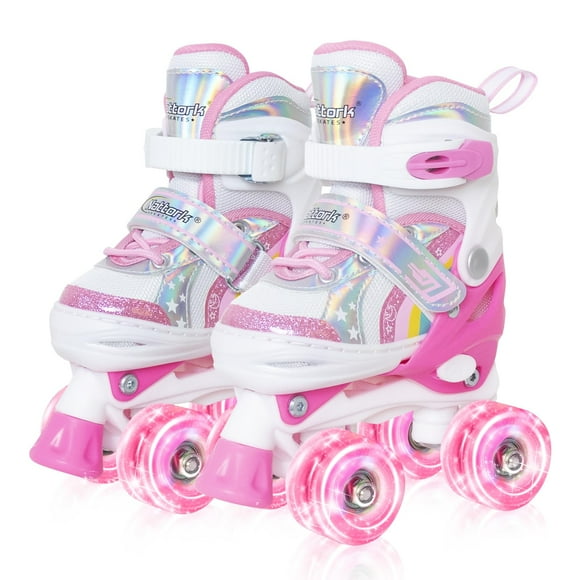Girls Roller Skates for Little Kids Toddler Ages 5-8 4 5 6 7, 4 Size Adjustable Rainbow Unicorn Quad Skates with All Light Up Wheels - Best Birthday Gift for Outdoor