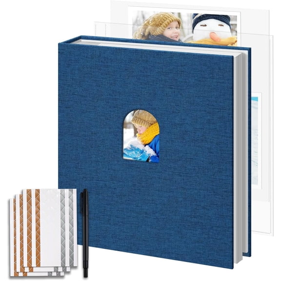 3-Ring Scrapbook Photo Album 8.5x11 in, Navy | Linen DIY memory book, 20 sleeves/40 pages, archival-safe for wedding birthday travel