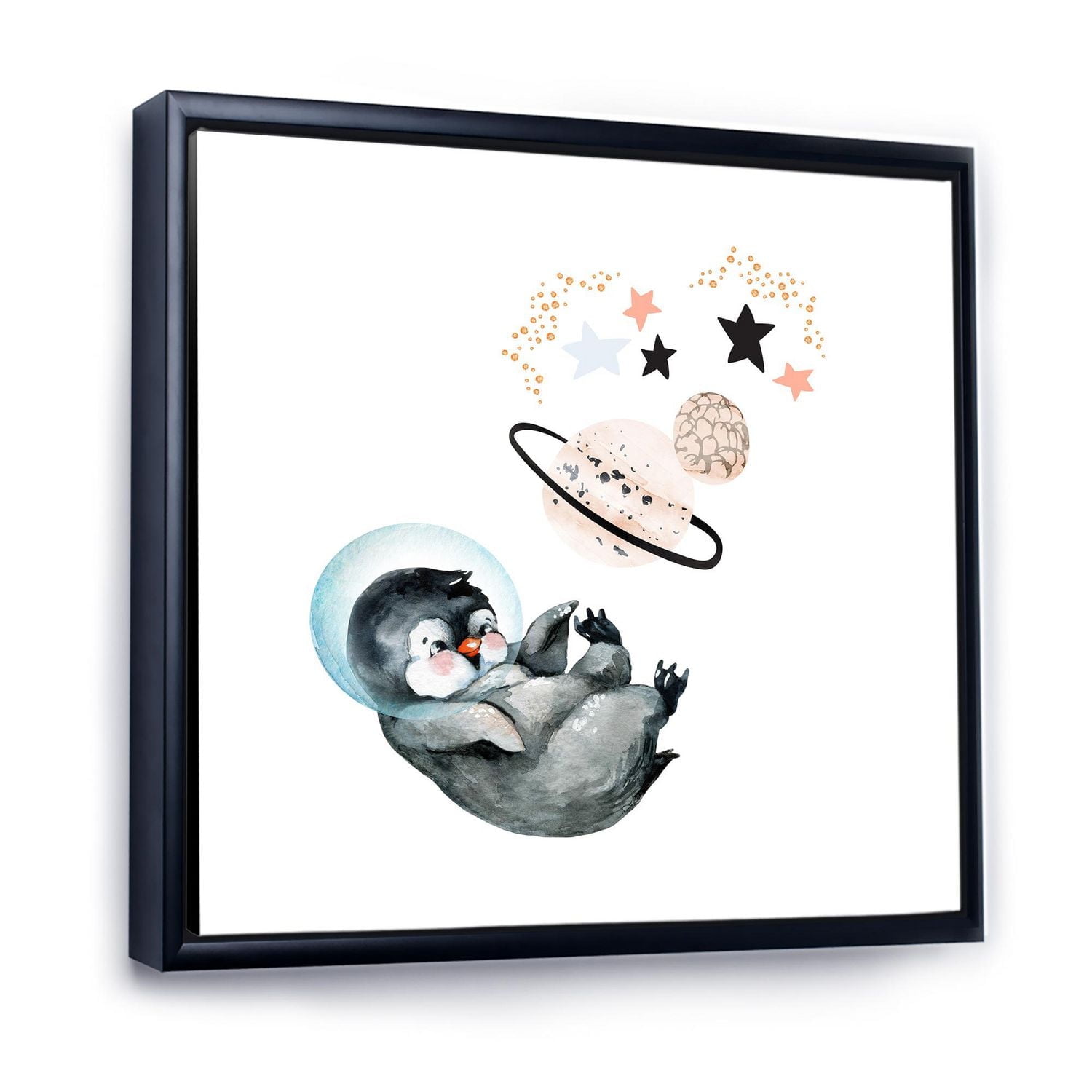 Designart Little Penguin With Stars and Planets I FLOAT FRAME WALL ART