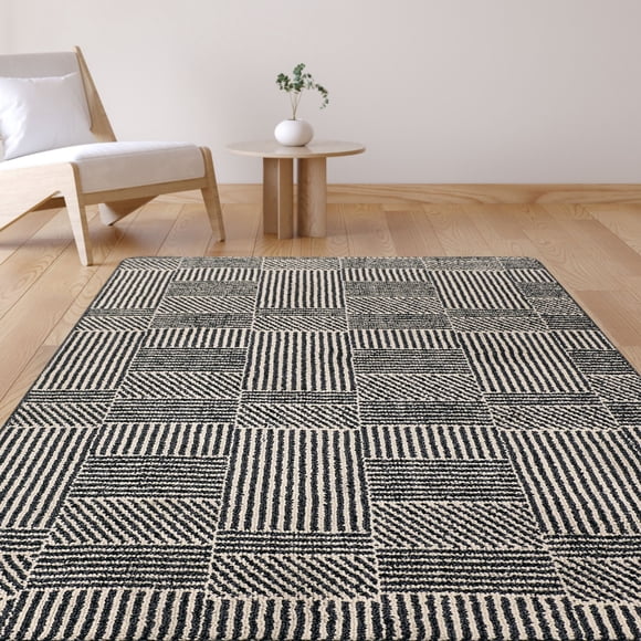 Mainstays Modern Contemporary Lines Pattern Tufted Ivory Charcoal, Machine Washable Area Rug 4x6, Ideal for Living room, Dining area, bedroom