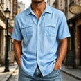 thumbnail image 2 of Mens Button Down Shirts Short Sleeve Casual Cotton Linen Shirt Western Cowboy Shirt Tops with Double Flap Pockets Light Blue, 2 of 9