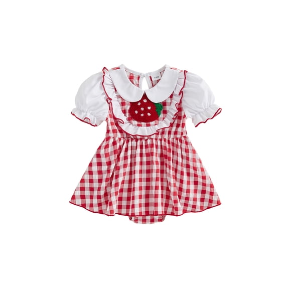 BemeyourBBs Infant Baby Girl Strawberry Outfits Summer Gingham Plaid Romper Dress Short Sleeve Embroidery Dress Bodysuit Newborn Playsuit Clothes