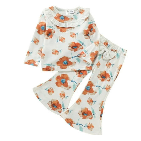 

ZHUASHUM Kids Toddler Baby Girls Autumn Floral Cotton Long Sleeve Long Pants Tops Bell Bottoms Set Outfits Clothes