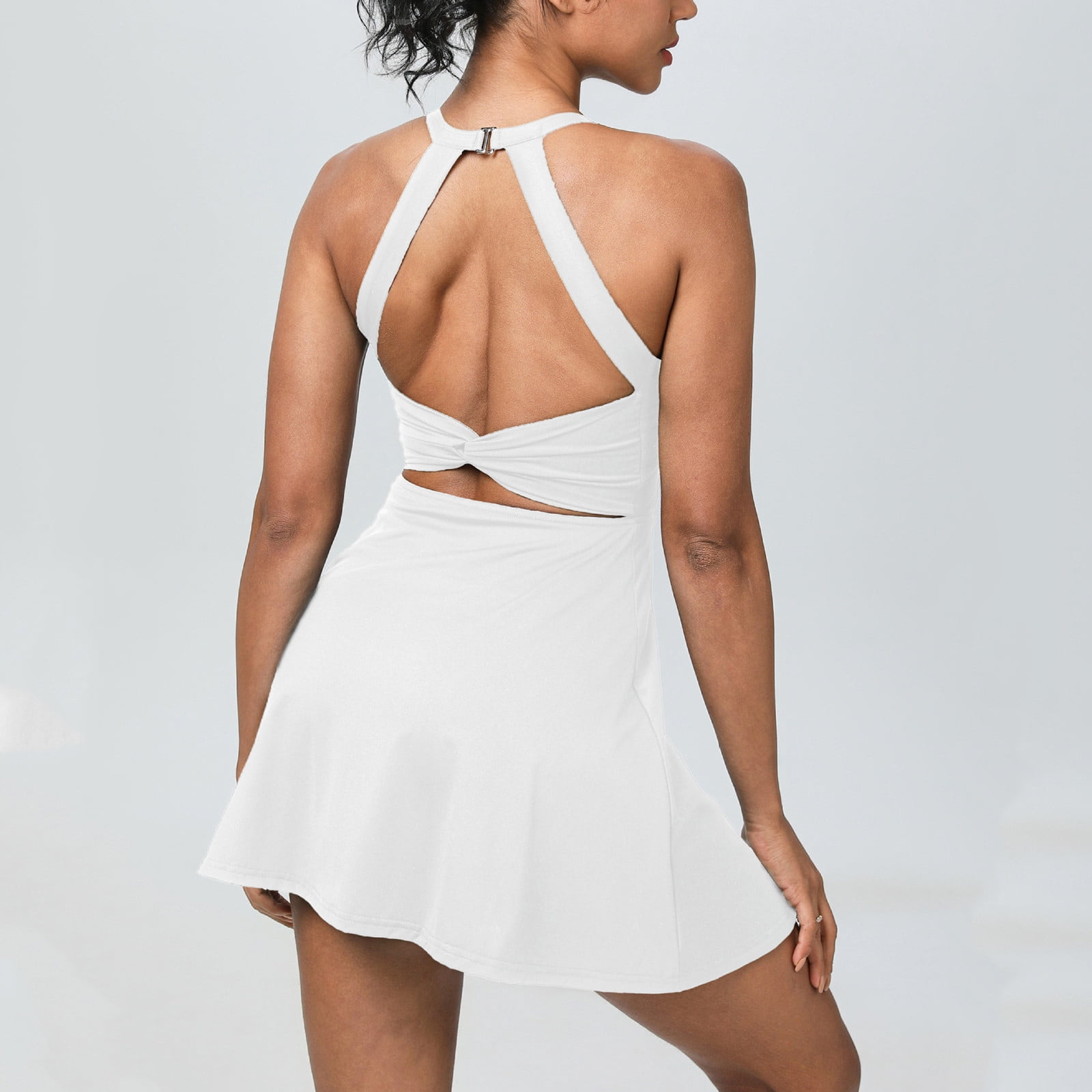 YUGYXL Tennis Dress with Built in Shorts Mini Athletic Dress for Women Summer Cutout Backless Sleeveless Golf Workout Dresses White L