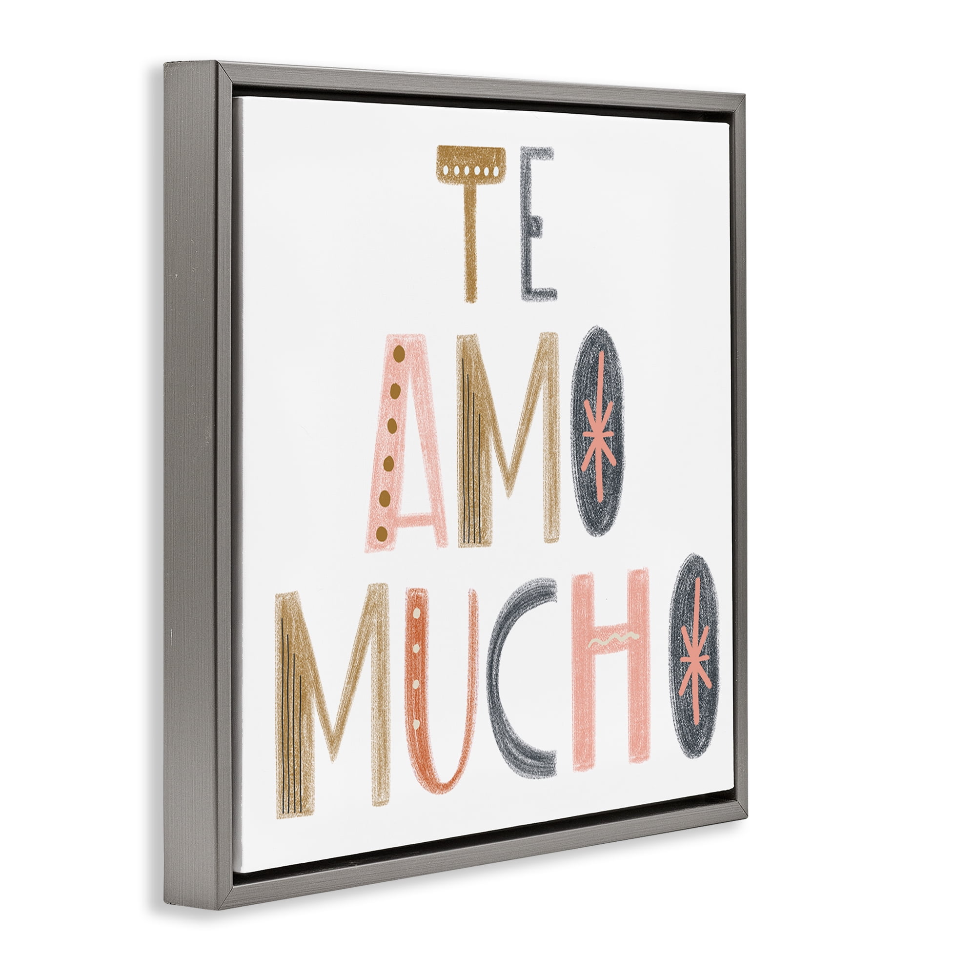 Stupell Industries Te Amo Mucho Creativo Inspirational Quotes & Sayings Painting Gray Floater Framed Art Print Wall Art, 18 x 18
