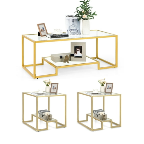 Finihen 3-Piece Coffee Table Set, Modern 2-Tier Rectangular Coffee Table with Glass Table Top & Set of 2 Square Sofa Side Table with Tempered Glass Tabletop, for Living Room, Gold