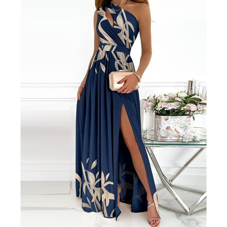 GENEMA Women Sexy Sleeveless One Shoulder Maxi Long Dress Irregular Hollow Out Ruched Wrap Front Side High Split Pleated Gown