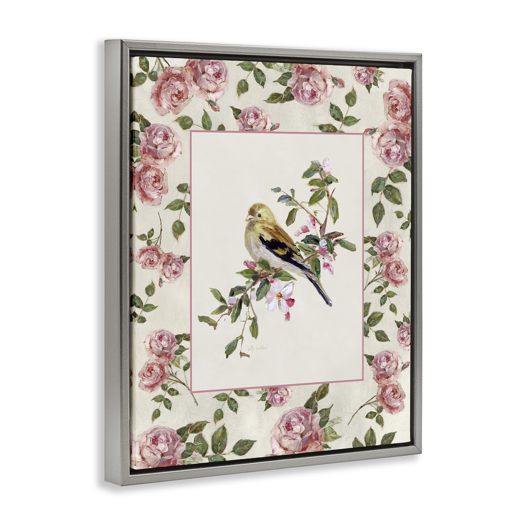 Stupell Industries Perched Bird with Dainty Roses Gray Framed Floater Canvas Wall Art, design by Sally Swatland
