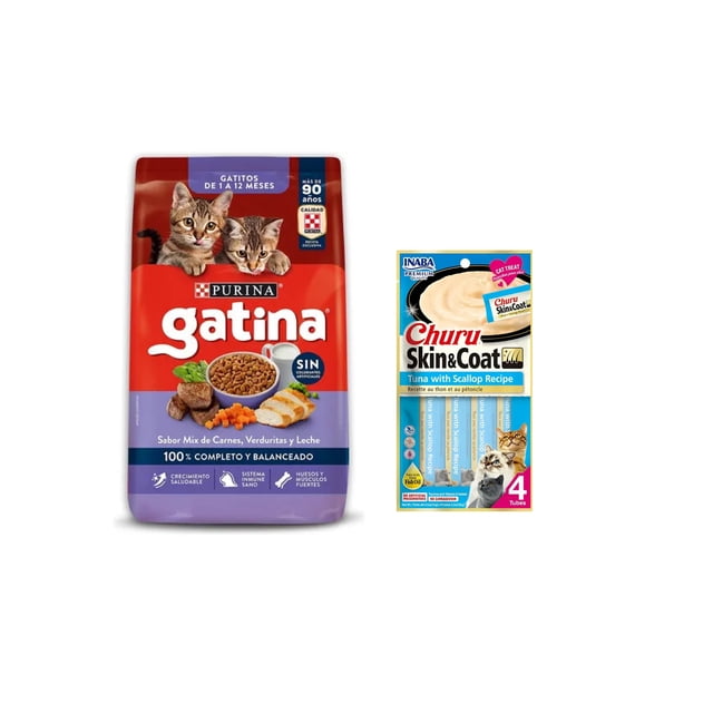 Gatina Gatitos 7.5 Kg + Churu Skin&Coat Atún y Vieira Snack 4 tubos de 14g