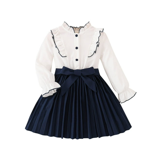 vdgthytj Robe Fille Manches Longues Mignonne Nœud Papillon Volant Plissé Ligne A Robe de Fête d'Anniversaire pour Enfants