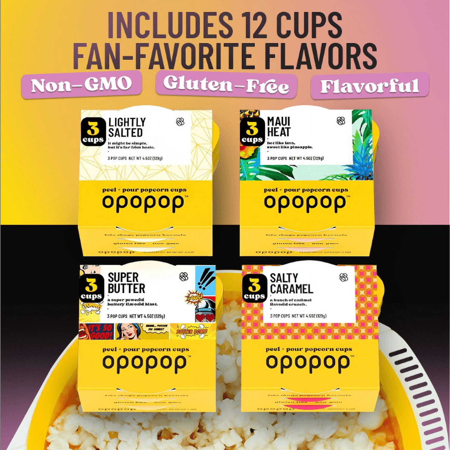 Opopop Microwave Popcorn Variety Pack, 12 Count with Collapsible Silicone Popper – Gourmet Popcorn Kit, BPA-Free, Gluten Free Snack