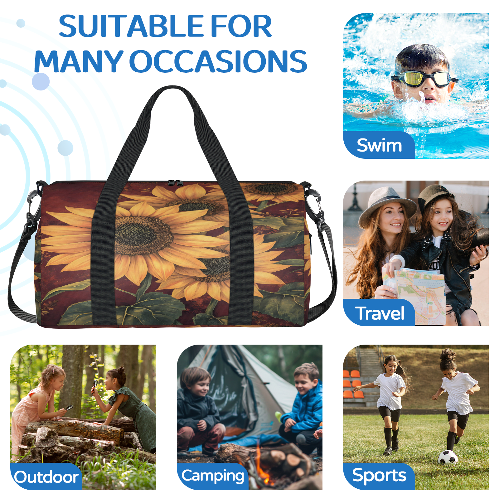 Herdesigns Sunflower Gym Bag for Women, Floral Duffle Bag for Travel Sport, Lightweight Waterproof Carry on Weekender Overnight Dance Yoga Workout Bags