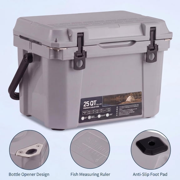 25 Qt Camping Cooler, Heavy Duty Ice Chest with 7-Day Ice Retention, Built-in Drain Plug, Bottle Opener and Fish Ruler, Leak-Resistant Portable Cooler for Camping, Beach, Picnic, BBQ, Fishing, Gray