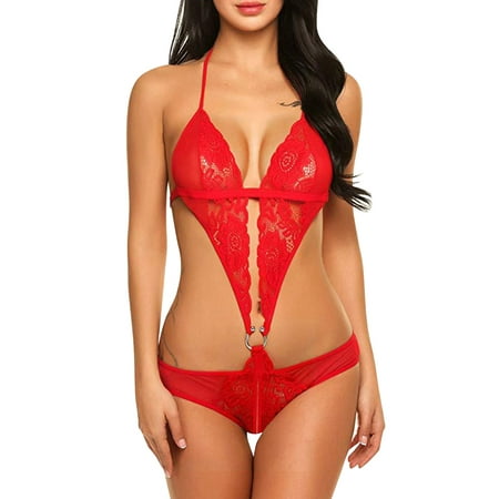 

Knosfe Women s Lingerie Sexy Lace Deep V Crotchless Teddy Babydoll Backless Bodysuit Red S