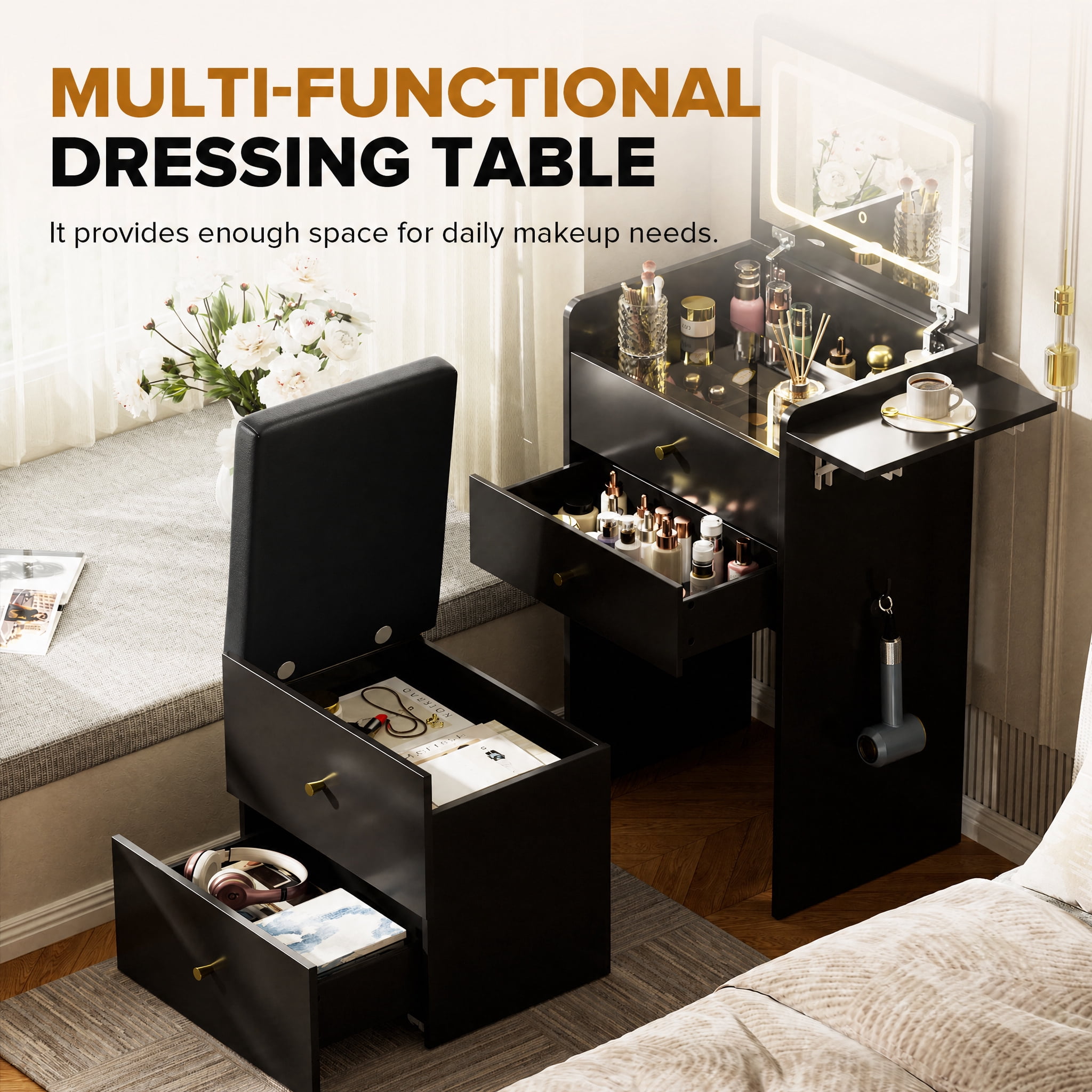 LUCKLIFE 3-in-1 Makeup Vanity Set with Lighted Flip Top Mirror & Storage Stool, Small Space Dressing Table with Foldable Side Tray, Glass Top Desk & Nightstand for Bedroom, Black