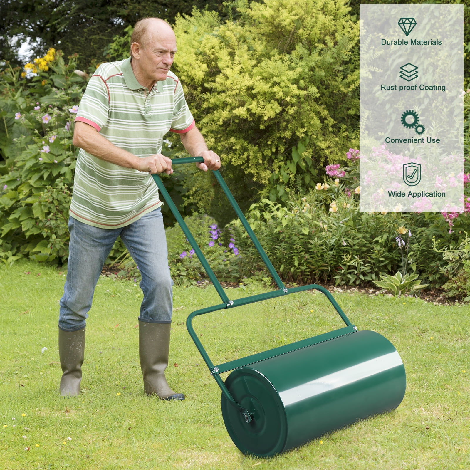 24in Push/Tow Lawn Roller , Steel Drum with Rounded Edges, U-Handle, Green Rust-Resistant Finish, For Flattening Ground & Packing Seed/Sod, Green