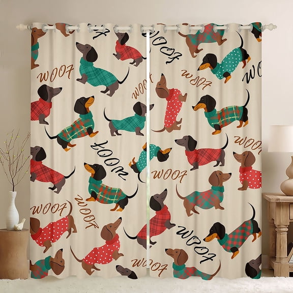 Homewish Kawaii Dachshund Black Out Curtains,Pet Dogs Curtains Pack of 2 (42x63 Each),Brown Green Red Bedroom Curtains For Girls Boys,Super Cozy Room Decor