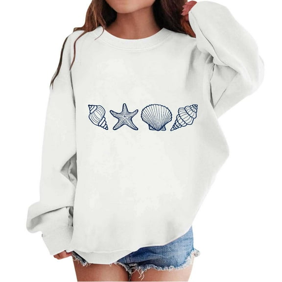 FINALGANG Girls Oversized Crewneck Sweatshirt Kids Cartoon Starfish Seashell Print Casual Loose Fit Long Sleeve Pullover Top For Daily Wear Cozy Top