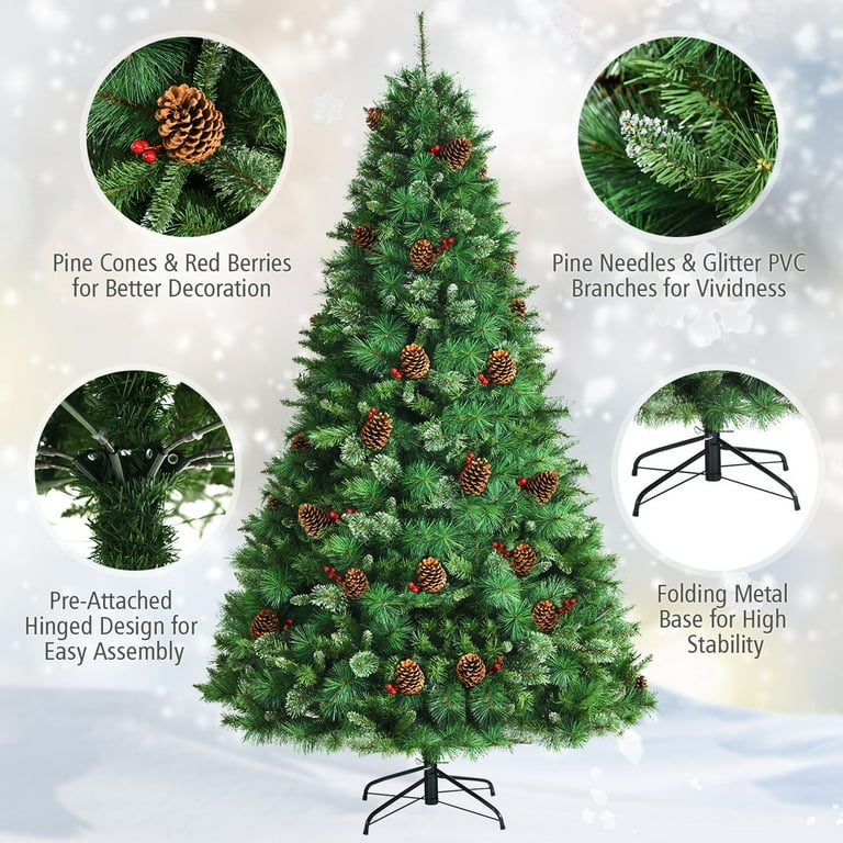 Gymax 8 ft. Artificial Christmas Tree Hinged Tree with Pine Cones