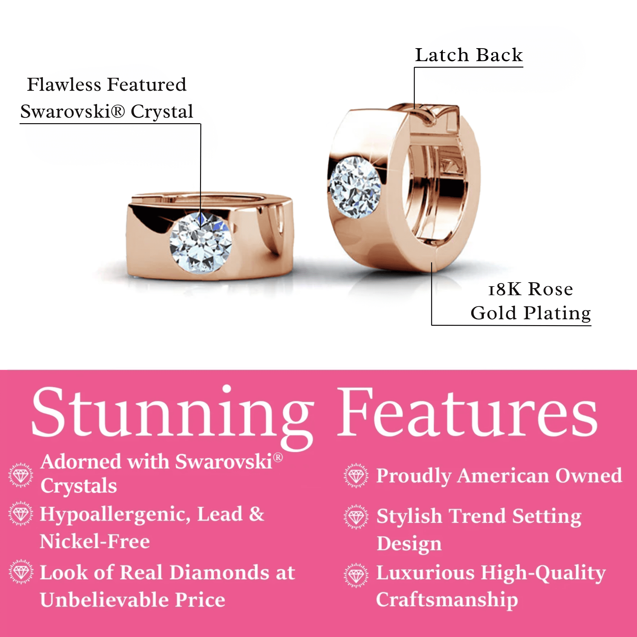 Cate & Chloe Alana 18k Rose Gold Plated Hoop Earrings with Swarovski Crystals Gifts for Women
