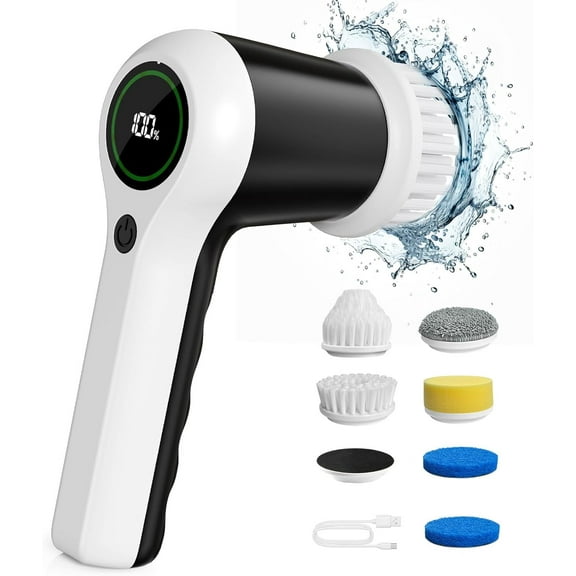 Electric Spin Scrubber, Cordless Shower Scrubber with Battery Level Display, 2 Speeds Electric Scrubber for Cleaning with 6 Replaceable Heads, Electric Cleaning Brush for Bathroom/Sink/Window