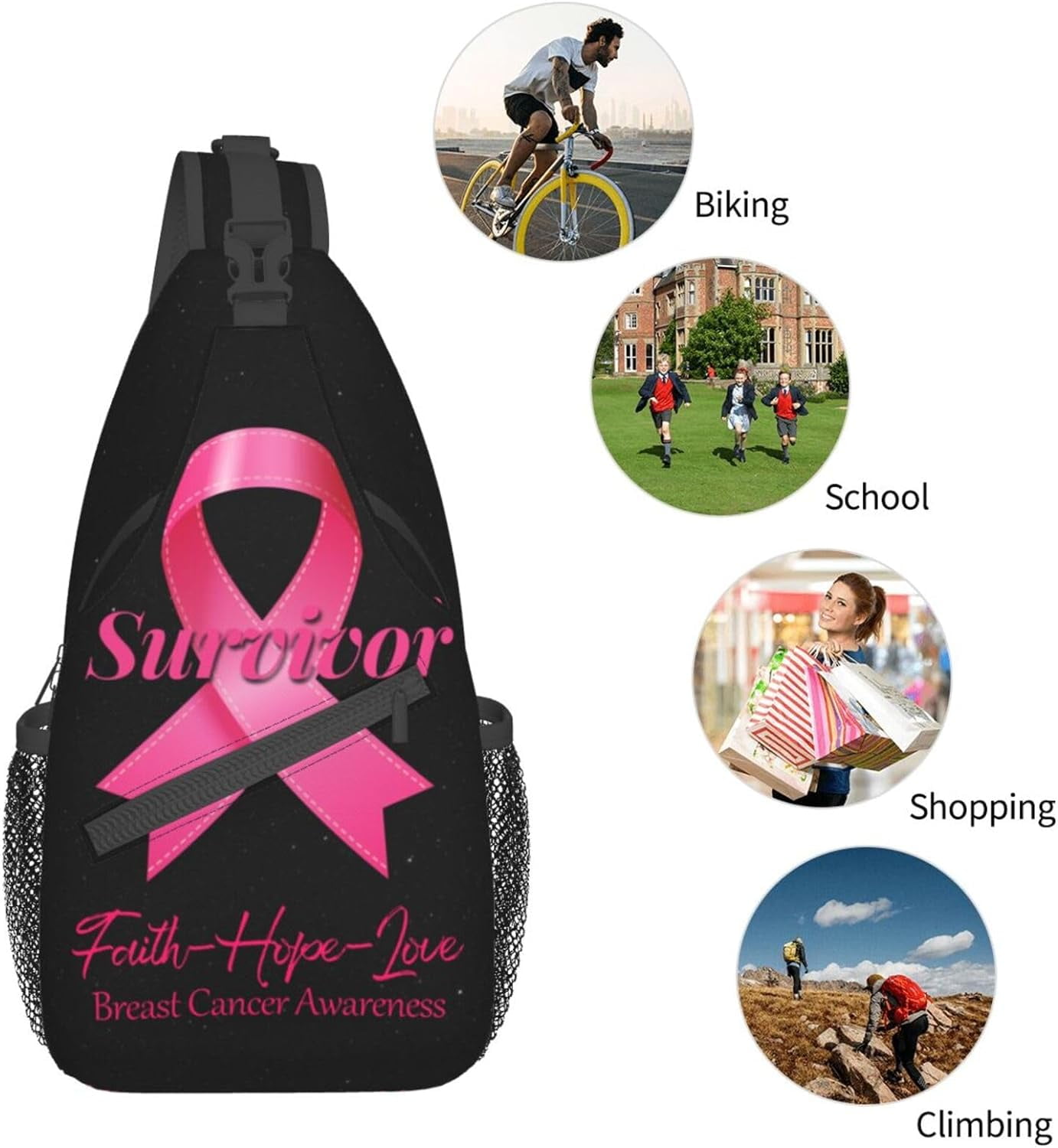 Breast Cancer Survivor Faith Love Hope Sling Bag Crossbody Hiking Travel Chest Bags Backpack Shoulder Daypack for Women Men