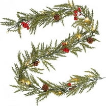 Holloyiver Christmas Garland with Lights, 5.9 FT Battery Operated Artificial Greenery Garland, 20 LEDs, Pine Cones and Red Berries for Mantle, Front Door, Stairs Railing Decoration