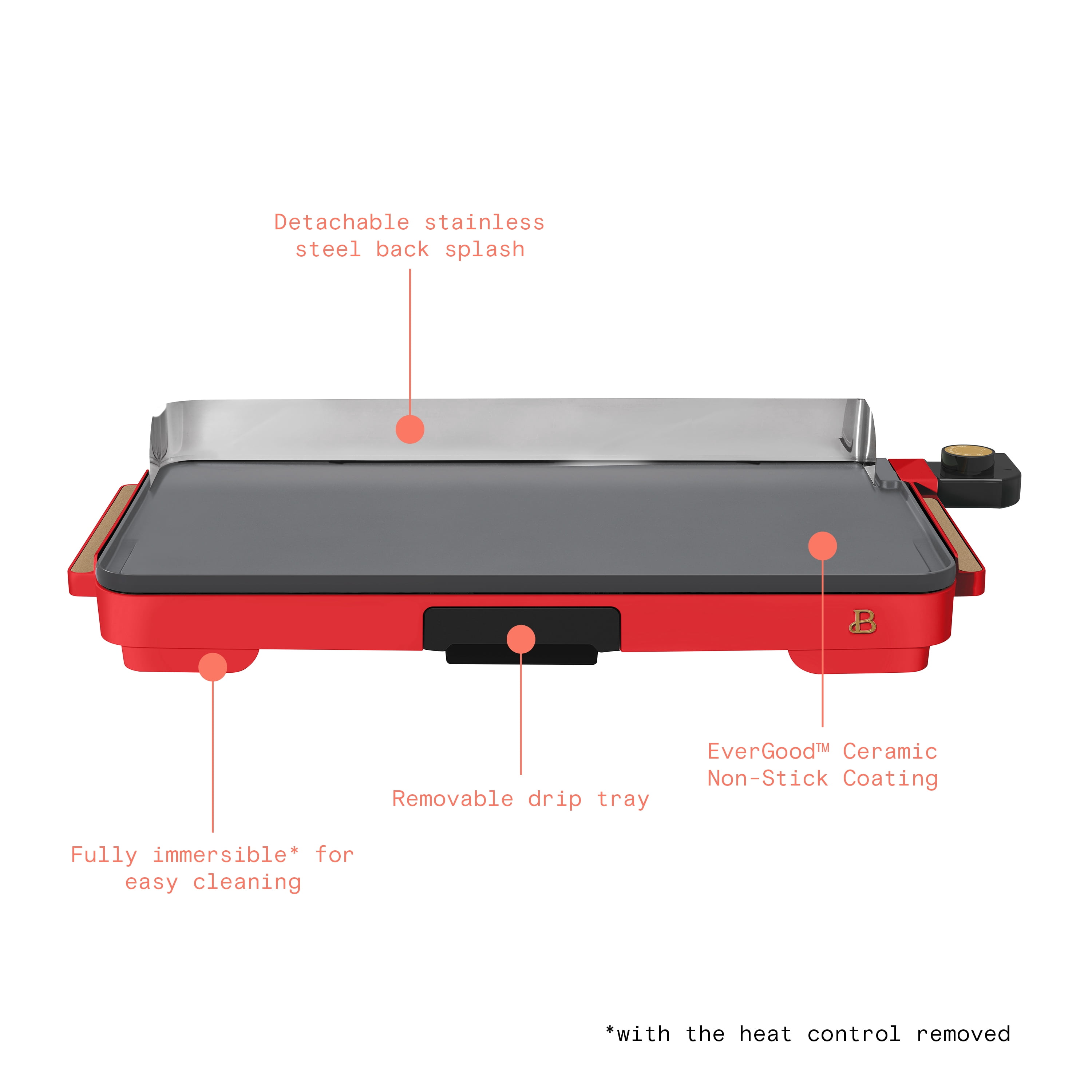 Beautiful XL Electric Griddle 12" x 22" with EverGood Non-Toxic Ceramic Nonstick Coating, Tomato Red by Drew Barrymore
