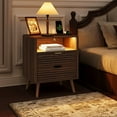 thumbnail image 2 of GUNAITO Table de Chevet Cannelée pour Chambre avec Station de Charge Table de Chevet avec Lumières LED Bois Table de Chevet avec Étagère Ouverte et 2 Tiroirs Noyer 1 Pce, 2 of 9