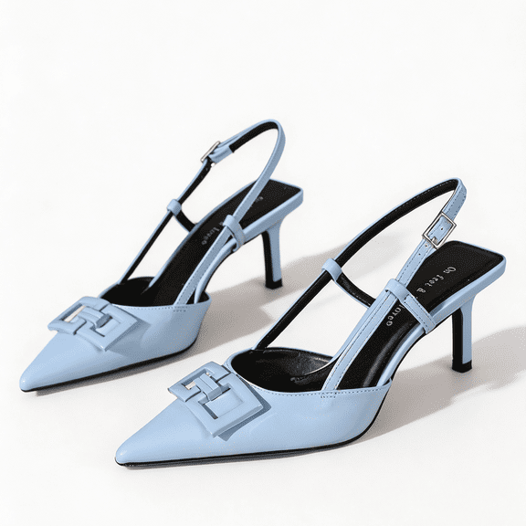 On feet& in love Women's Pointed Toe Slingback Heels with Geometric Buckle - Blue PU Leather Dress Shoes for Vacation & Wedding - Size 5.5