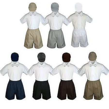 

4pc Set Boy Toddler Formal White Bow Tie White Navy Khaki Shorts+Hat S-4T
