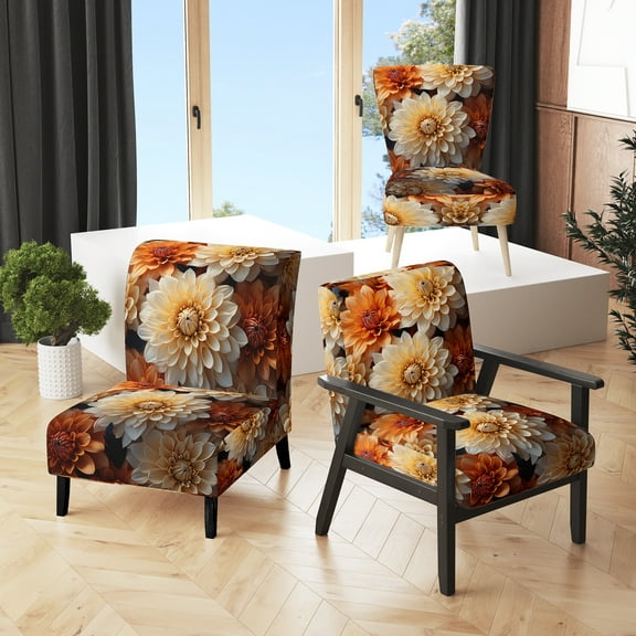 Designart "Coral Orange beautying Chrysanthemums" Coral Floral & Botanical Upholstered Accent Chair - Traditional Arm Chair For Living Room